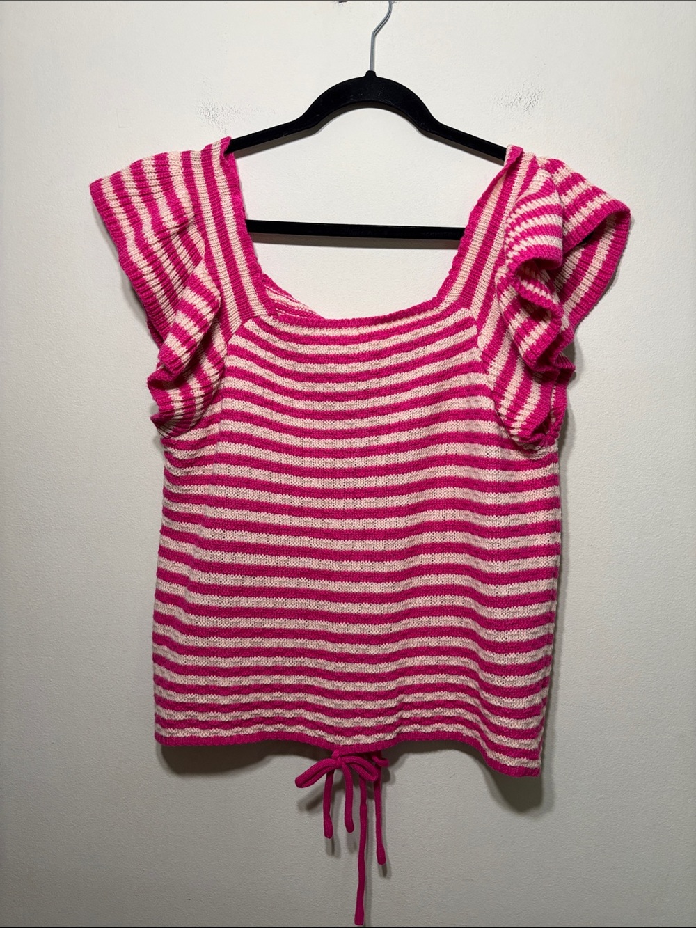 white birch Pink and White Striped Ruffle Sleeve Knit Top